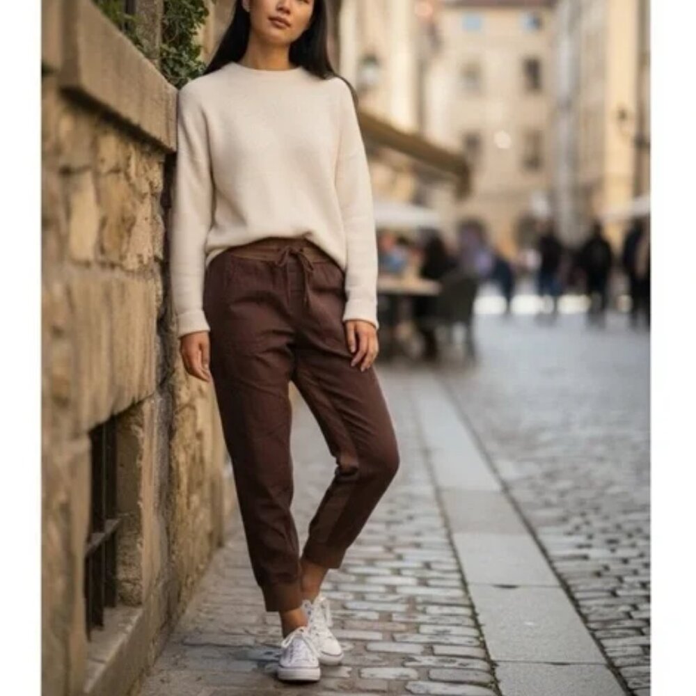Anthropologie The Nomad Jogger Pants Linen Brown High Waist sz L Boho Lagenlook - Picture 1 of 14
